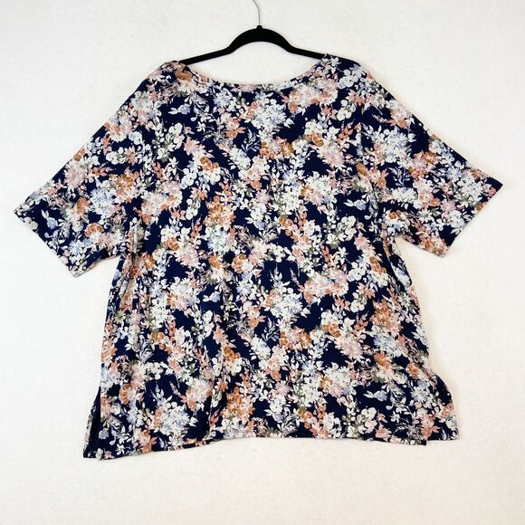 J Jill Pima Scoop Neck Elbow Sleeve Tee Womens 3X Multicolor Floral Short Sleeve - Picture 3 of 5